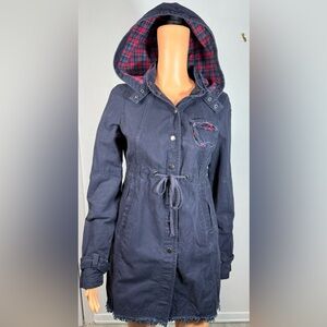 Free People Hooded distressed long snap button closure jacket